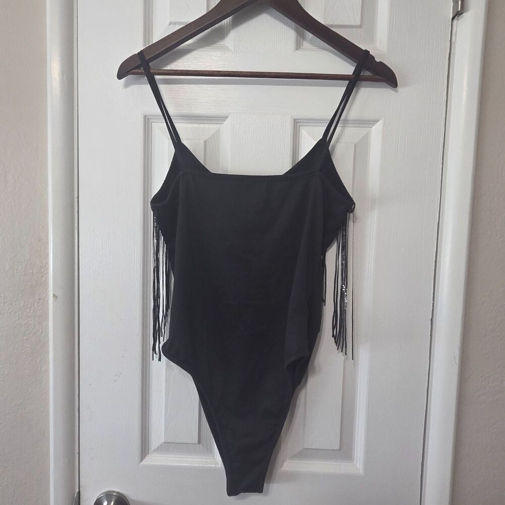 Black Sequin Fringe Bodysuit M Long Tassel Festival Dance Western Party